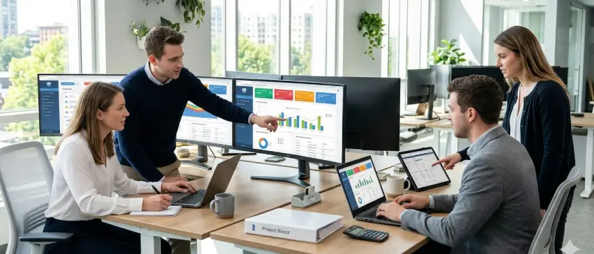Small business team collaborating in a bright office
