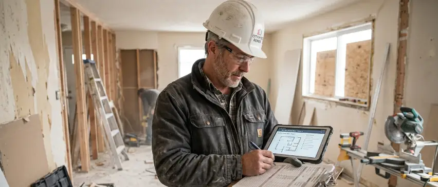 Sub contractor reviewing a job on a tablet at a work site